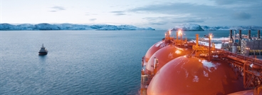 Natural gas liquefaction plant on the Melkoya peninsula off Hammerfest. LNG tanker Arctic Princess docked at the plant in wintertime.